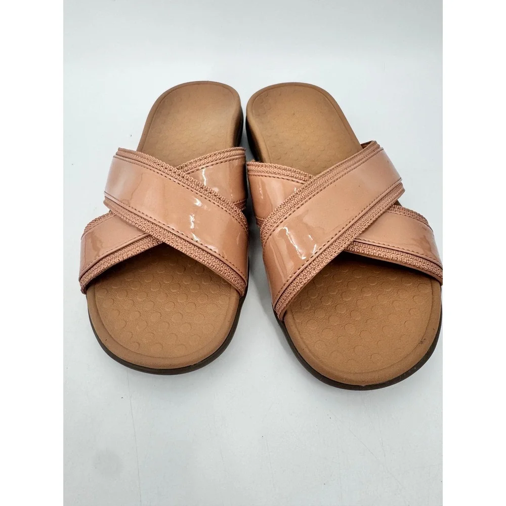 Vionic Merced Slide Sandals Women Size 6 Nude Patent Crisscross Straps